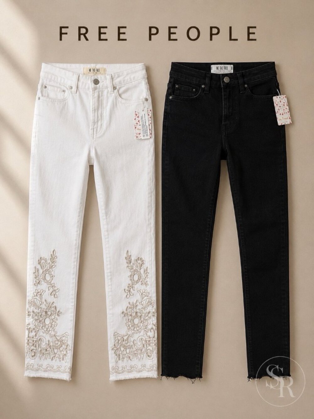 Free People Jeans Lot Size 24 Black Skinny White Embroidered Denim 2 Pair NWT